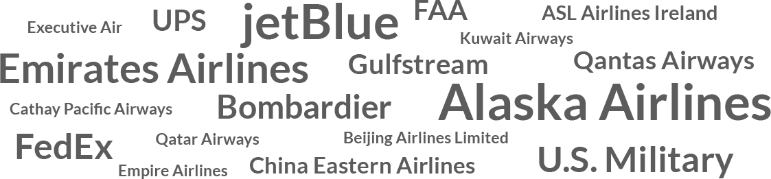 List of some VisionSafe's commercial clients along with others, including jetBlue Alaska Airlines Emirates Airlines, Gulstream, Qanta Airways, China Eastern Airlines, Bombardier and the US Militar to name a few
