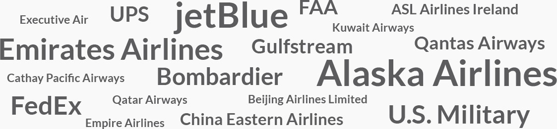 List of some VisionSafe's commercial clients along with others, including jetBlue Alaska Airlines Emirates Airlines, Gulstream, Qanta Airways, China Eastern Airlines, Bombardier and the US Militar to name a few